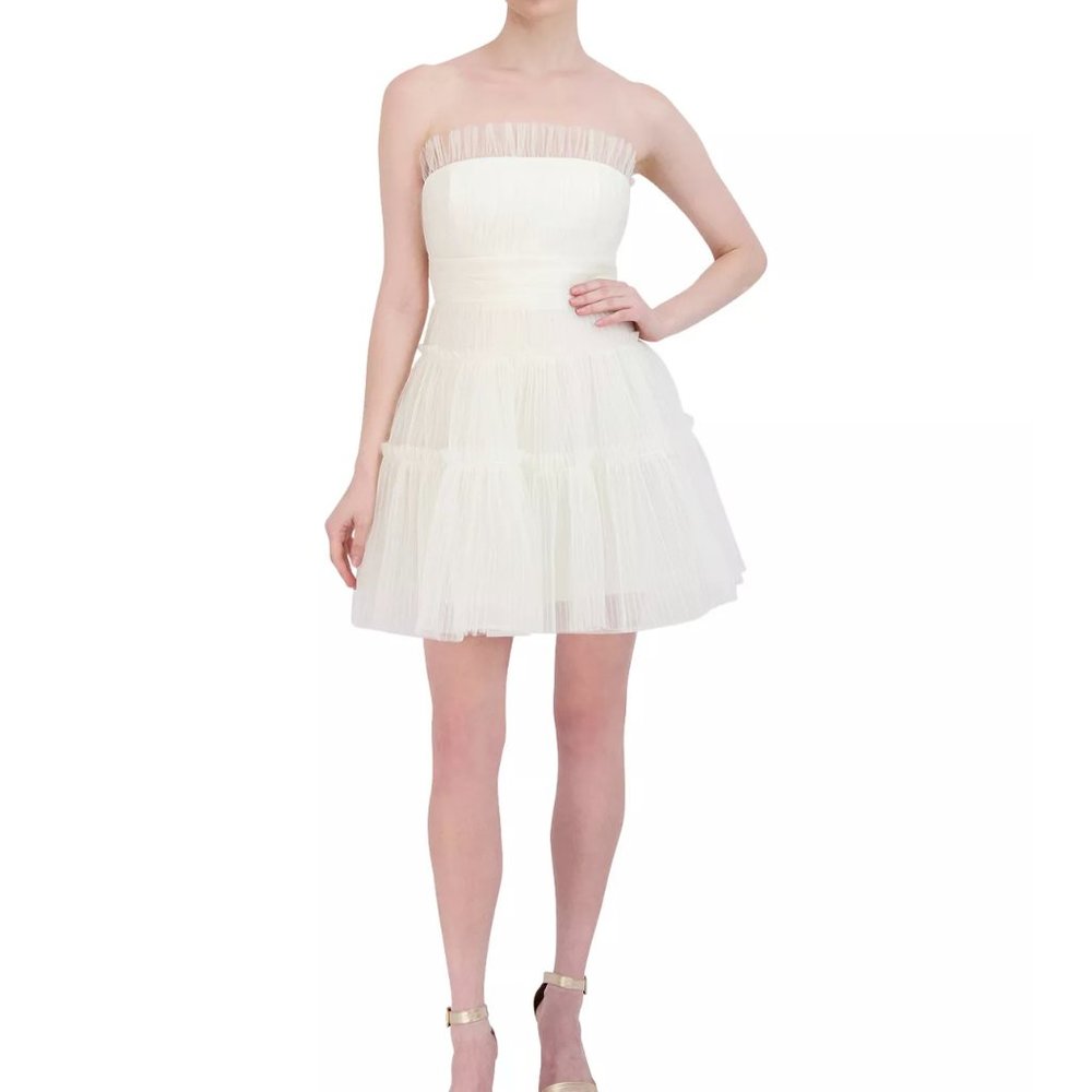 NWT BCBGMAXAZRIA Strapless Tiered Tulle White Mini Dress US 6